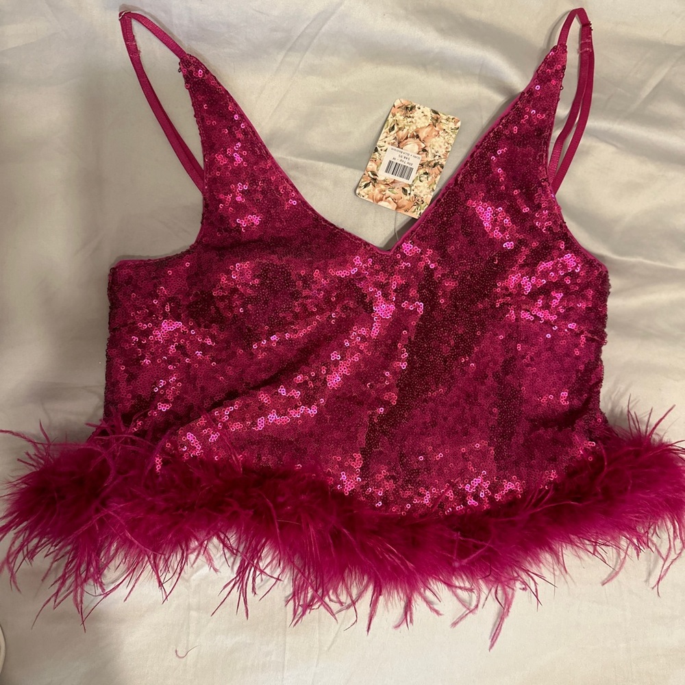 Hot pink sequin cropped tank with feather trim, size medium, new with tags